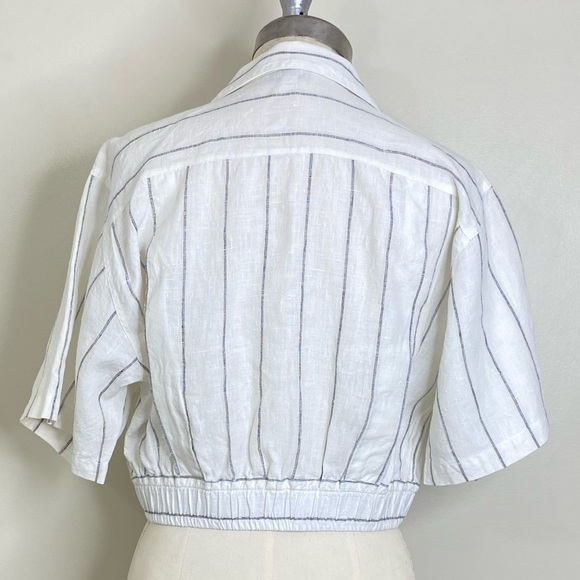 VINTAGE DAVID MICHAELS 100%LINEN WHITE/ BLACK PINSTRIPE BUTTON DOWN CROP BLOUSE - Picture 11 of 13